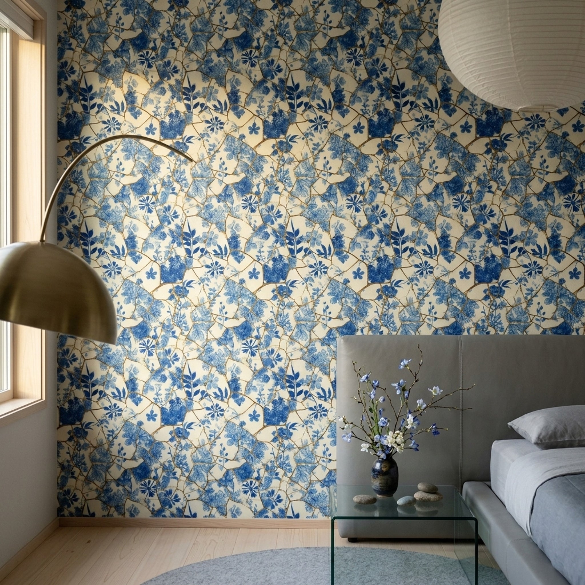 White Background Wallpaper Floral Removable Kintsugi Wall Double Roll