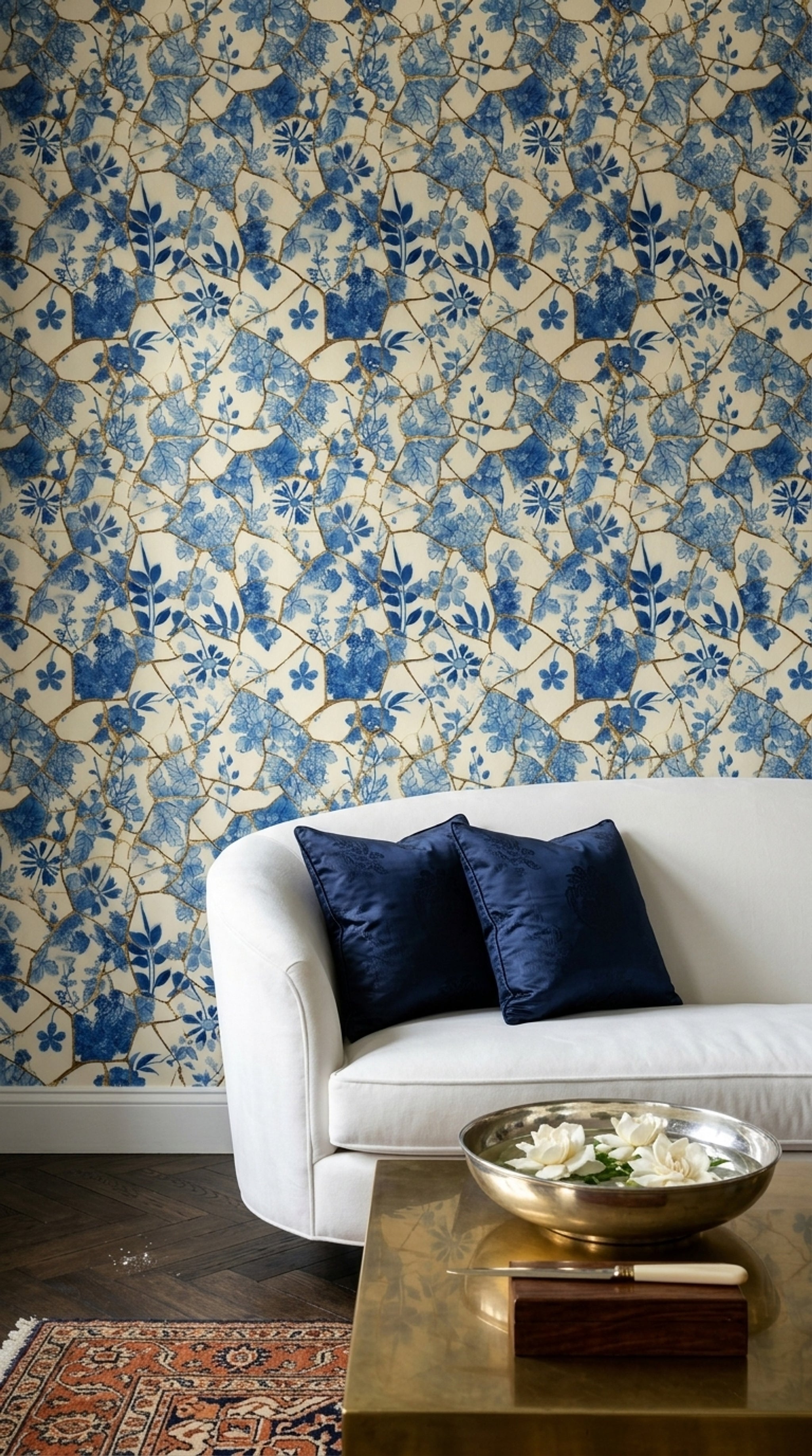 White Background Wallpaper Floral Removable Kintsugi Wall Double Roll