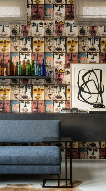 Abstract Faces Wallpaper Graffiti Mural Painted Wood Panels Decorative Mural