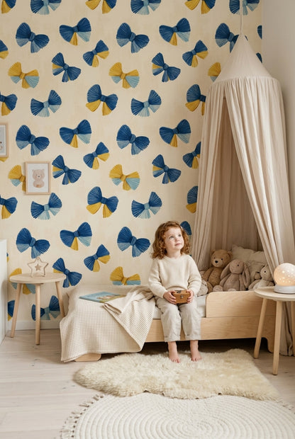 Abstract Bows Wallpaper Navy Blue Removable Mustard Yellow Accents Wall Double Roll