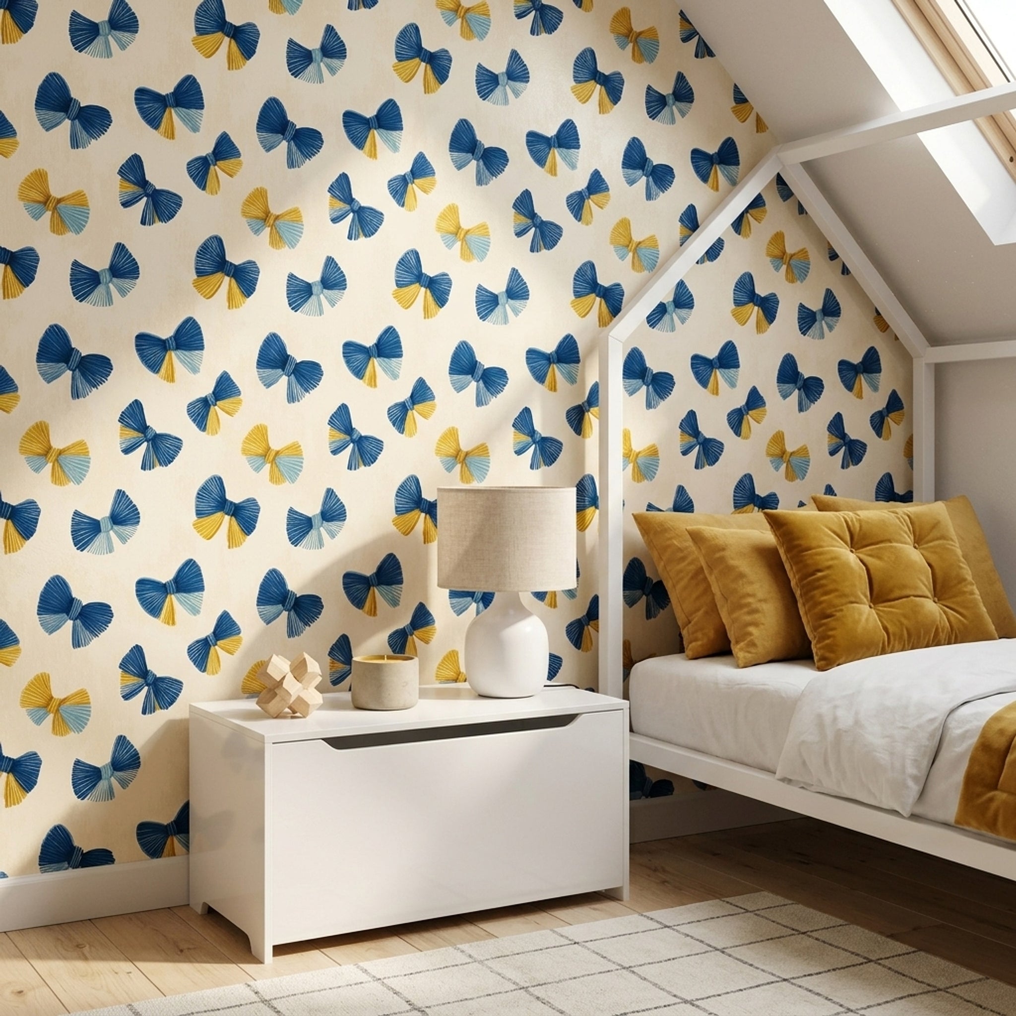 Abstract Bows Wallpaper Navy Blue Removable Mustard Yellow Accents Wall Double Roll