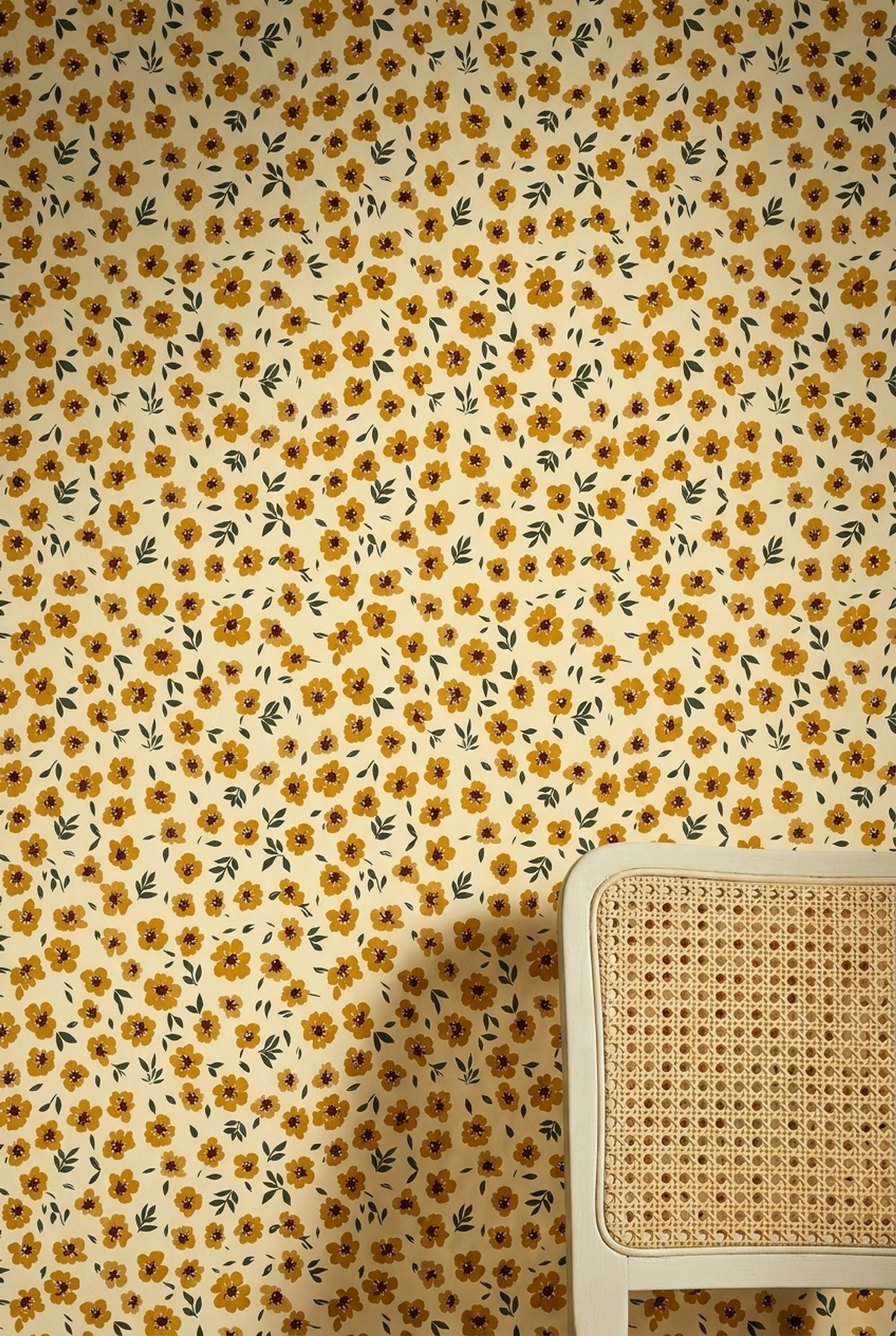 Mustard Yellow Flowers Wallpaper Cream Background Modern Botanical Decorative Mural