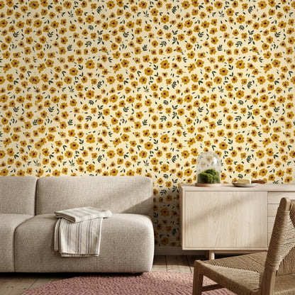 Mustard Yellow Flowers Wallpaper Cream Background Modern Botanical Decorative Mural