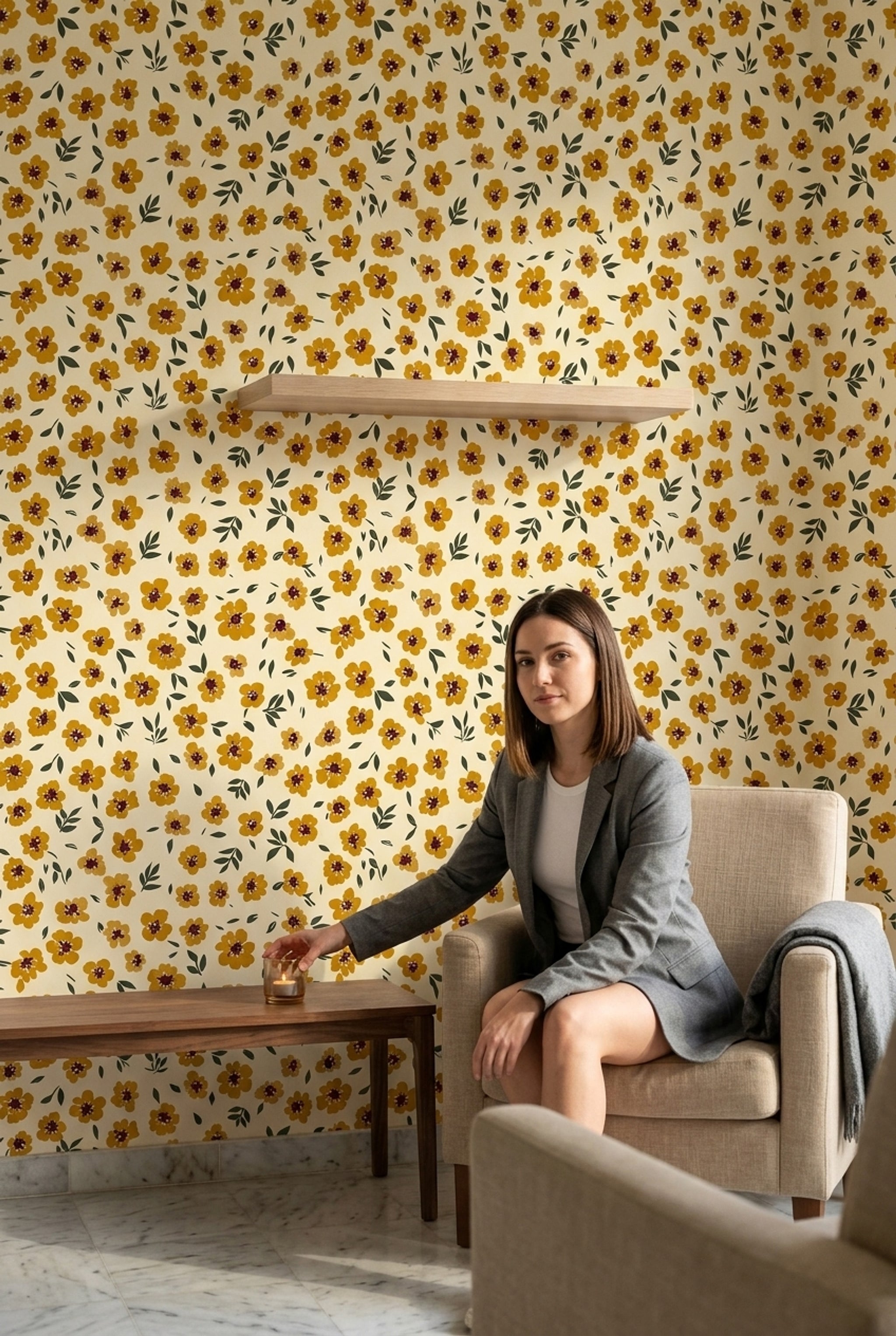 Mustard Yellow Flowers Wallpaper Cream Background Modern Botanical Decorative Mural