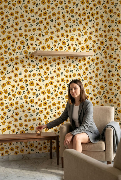 Mustard Yellow Flowers Wallpaper Cream Background Modern Botanical Decorative Mural