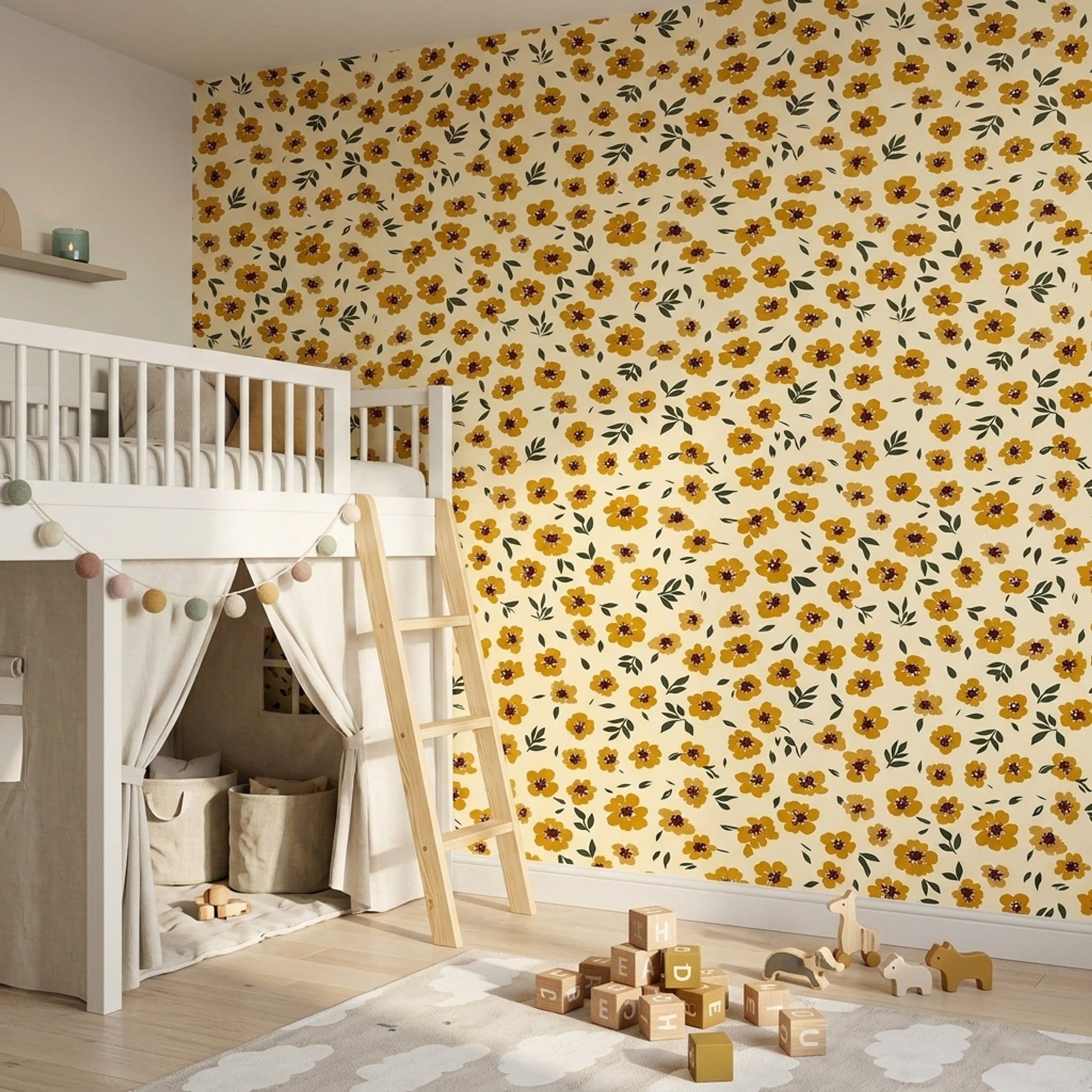 Mustard Yellow Flowers Wallpaper Cream Background Modern Botanical Decorative Mural
