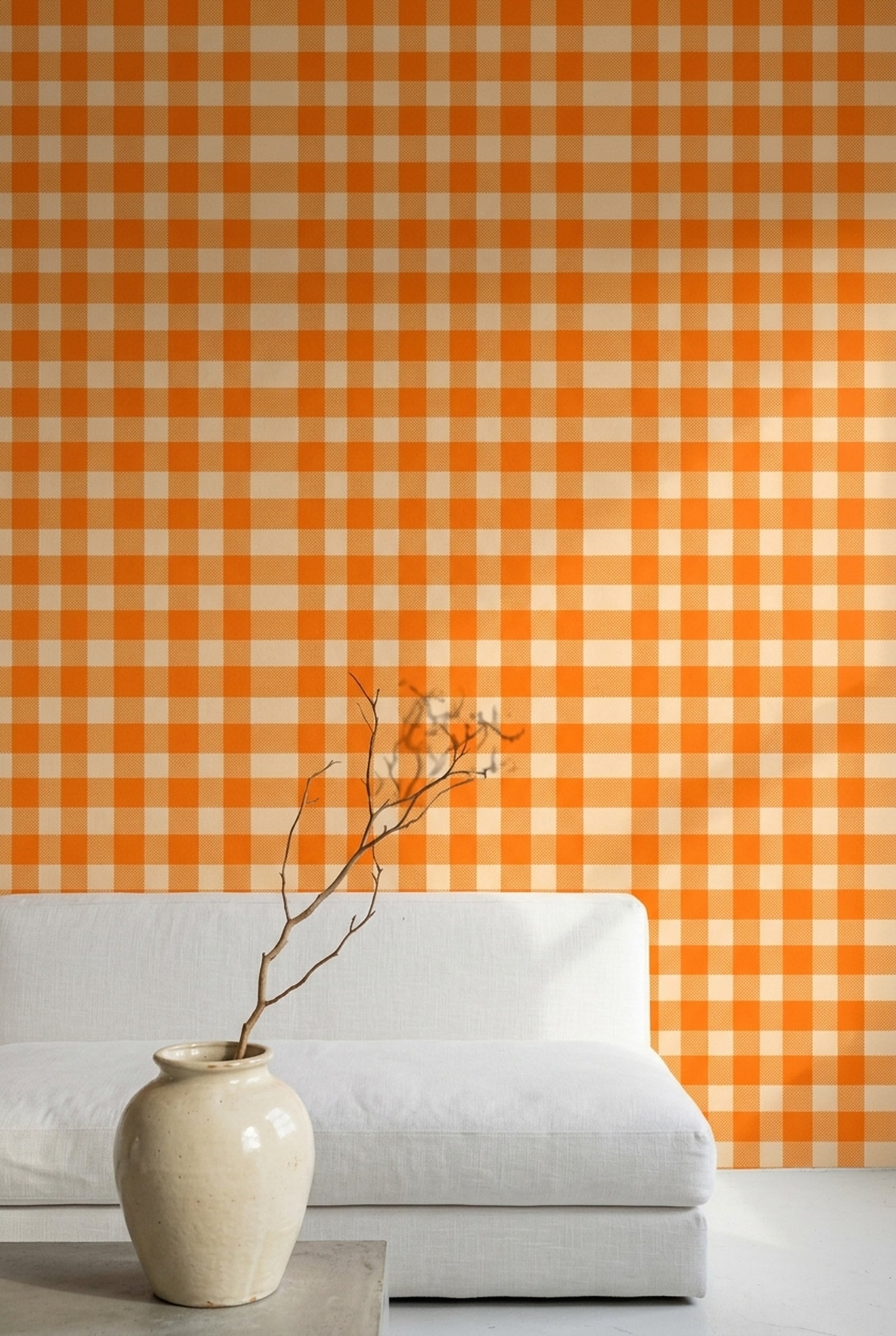 Orange Gingham Wallpaper Checkered Pattern Picnic Tablecloth Decorative Mural
