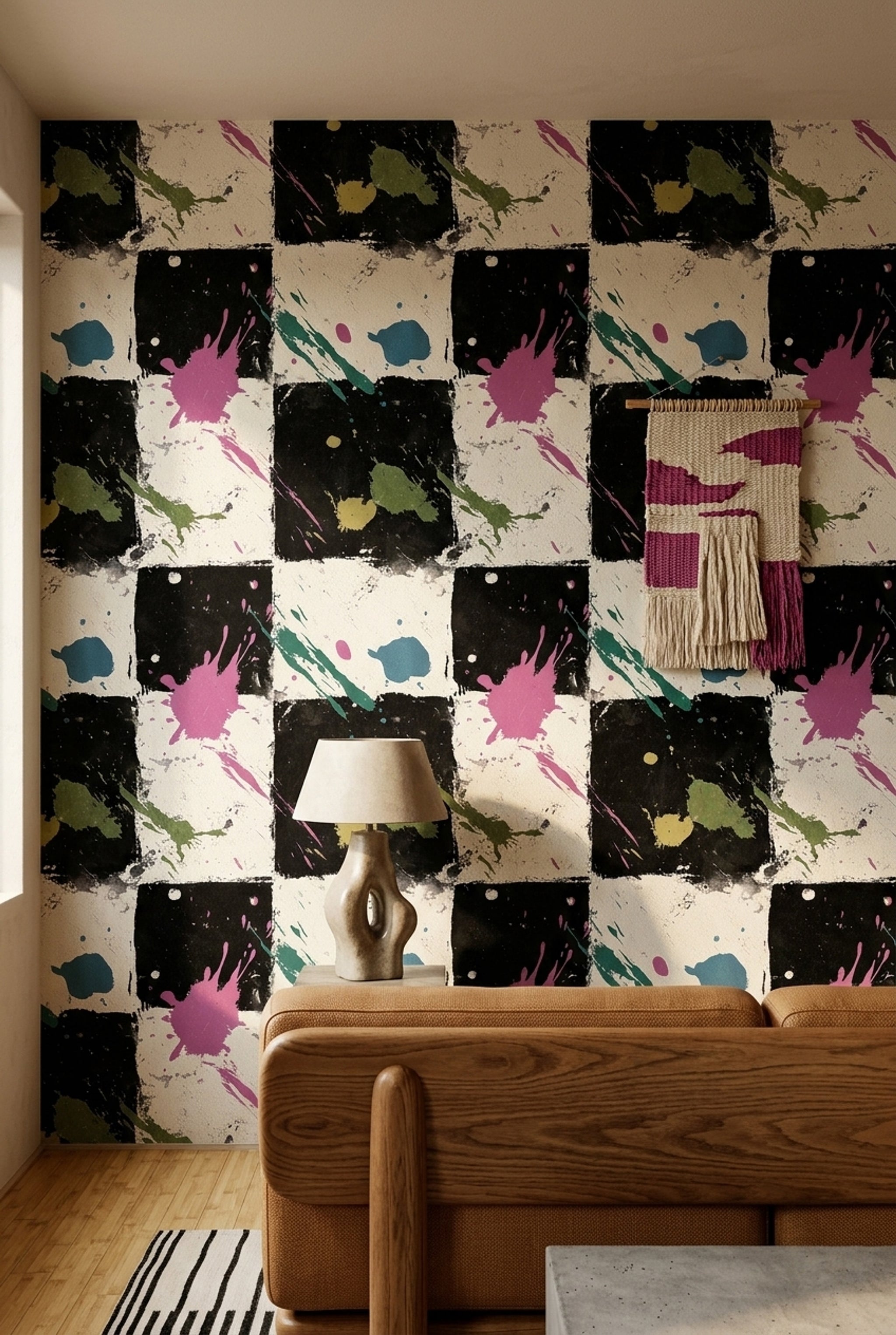 Dark Abstract Wallpaper Paint Splatter Geometric Blocks Decorative Mural