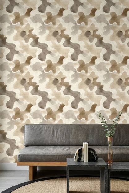 Abstract Camouflage Wallpaper Neutral Beige Removable Organic Blobs Wall Double Roll