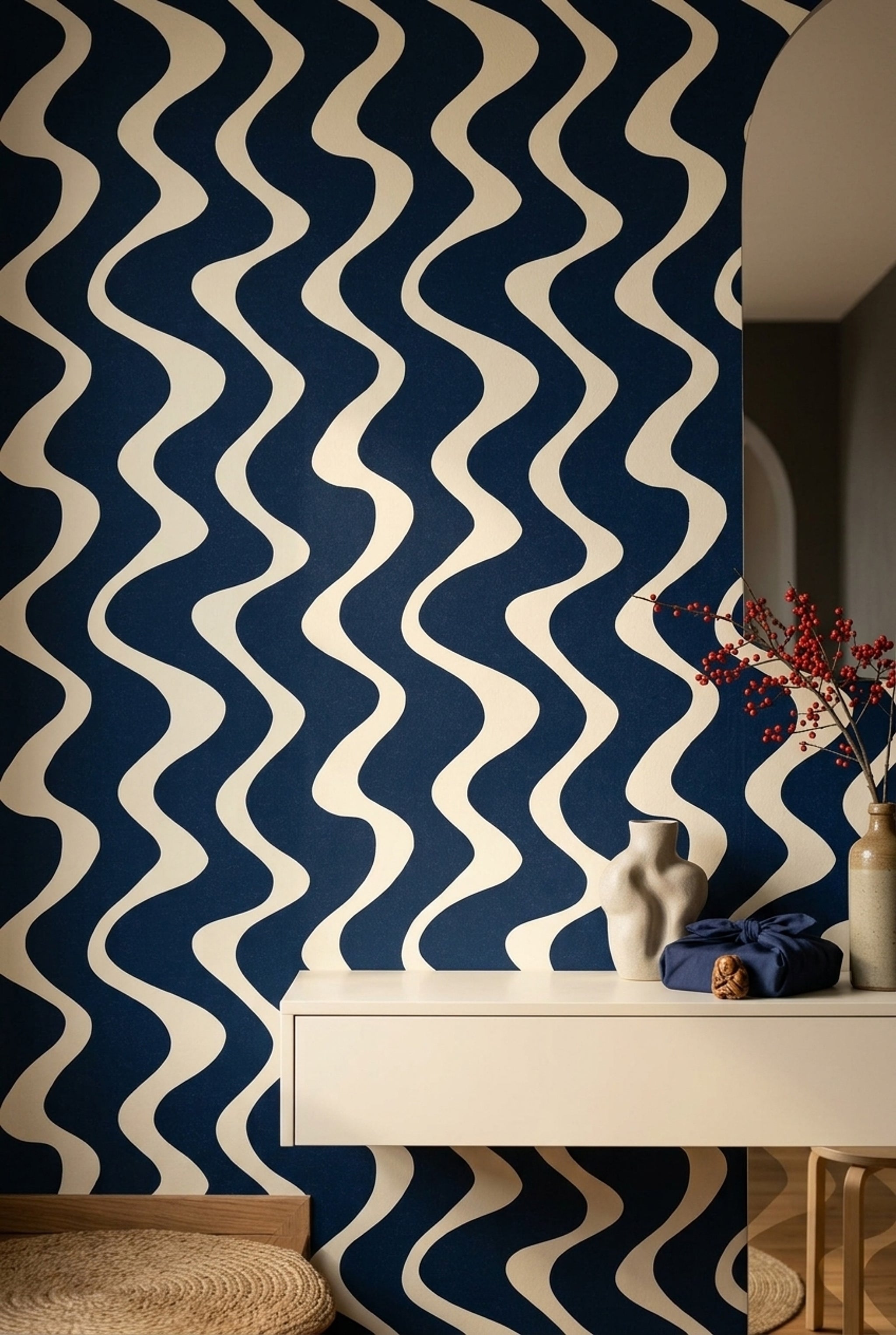 Dark Navy Wallpaper Wavy Stripes Removable Abstract Geometric Wall Double Roll