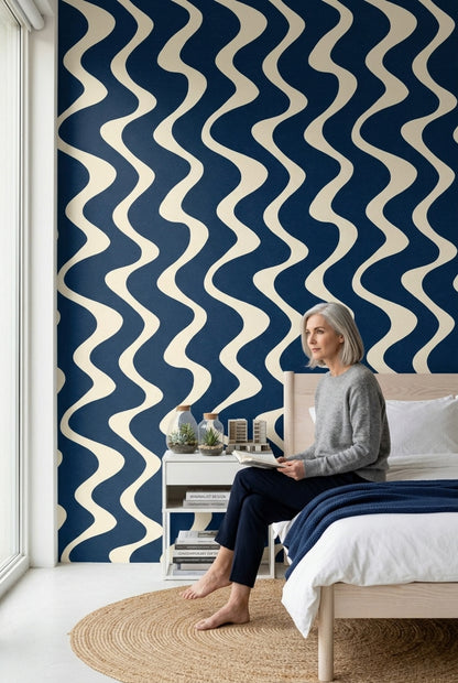 Dark Navy Wallpaper Wavy Stripes Removable Abstract Geometric Wall Double Roll