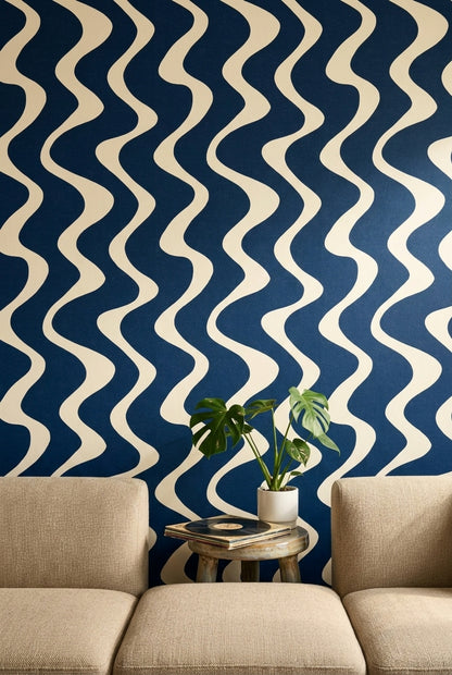 Dark Navy Wallpaper Wavy Stripes Removable Abstract Geometric Wall Double Roll