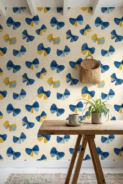 Abstract Bows Wallpaper Navy Blue Removable Mustard Yellow Accents Wall Double Roll