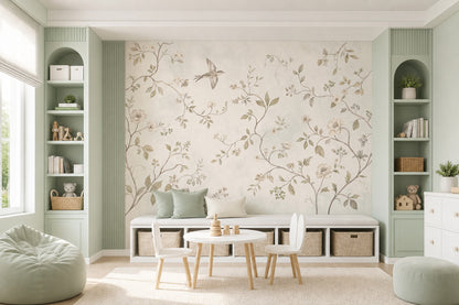 Botanical Vines Wallpaper Soft Floral Bird In Flight Wall Mural