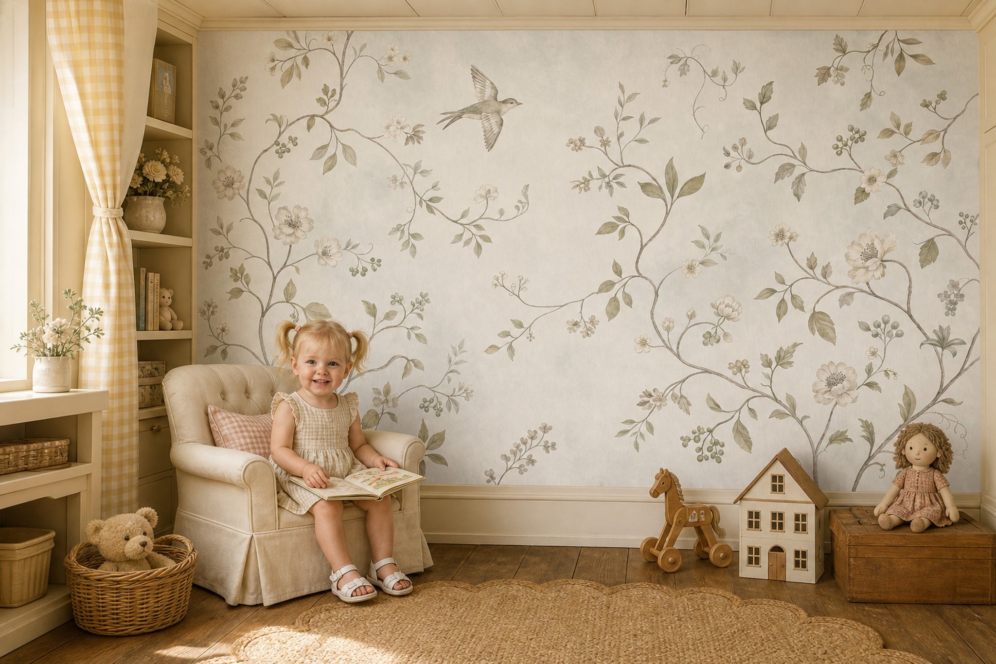 Botanical Vines Wallpaper Soft Floral Bird In Flight Wall Mural