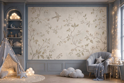 Botanical Vines Wallpaper Soft Floral Bird In Flight Wall Mural