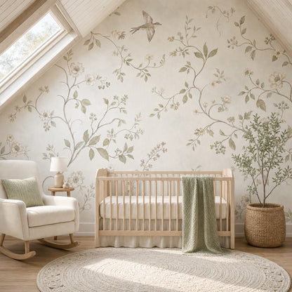 Botanical Vines Wallpaper Soft Floral Bird In Flight Wall Mural