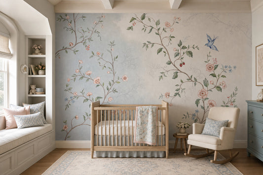 Vintage Botanical Wallpaper Floral Vines Removable Blue Bird Wall Decor
