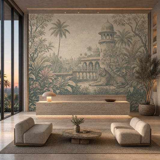Vintage Landscape Mural Wallpaper Tropical Garden Mughal Palace Pavilion Removable Wall Decor