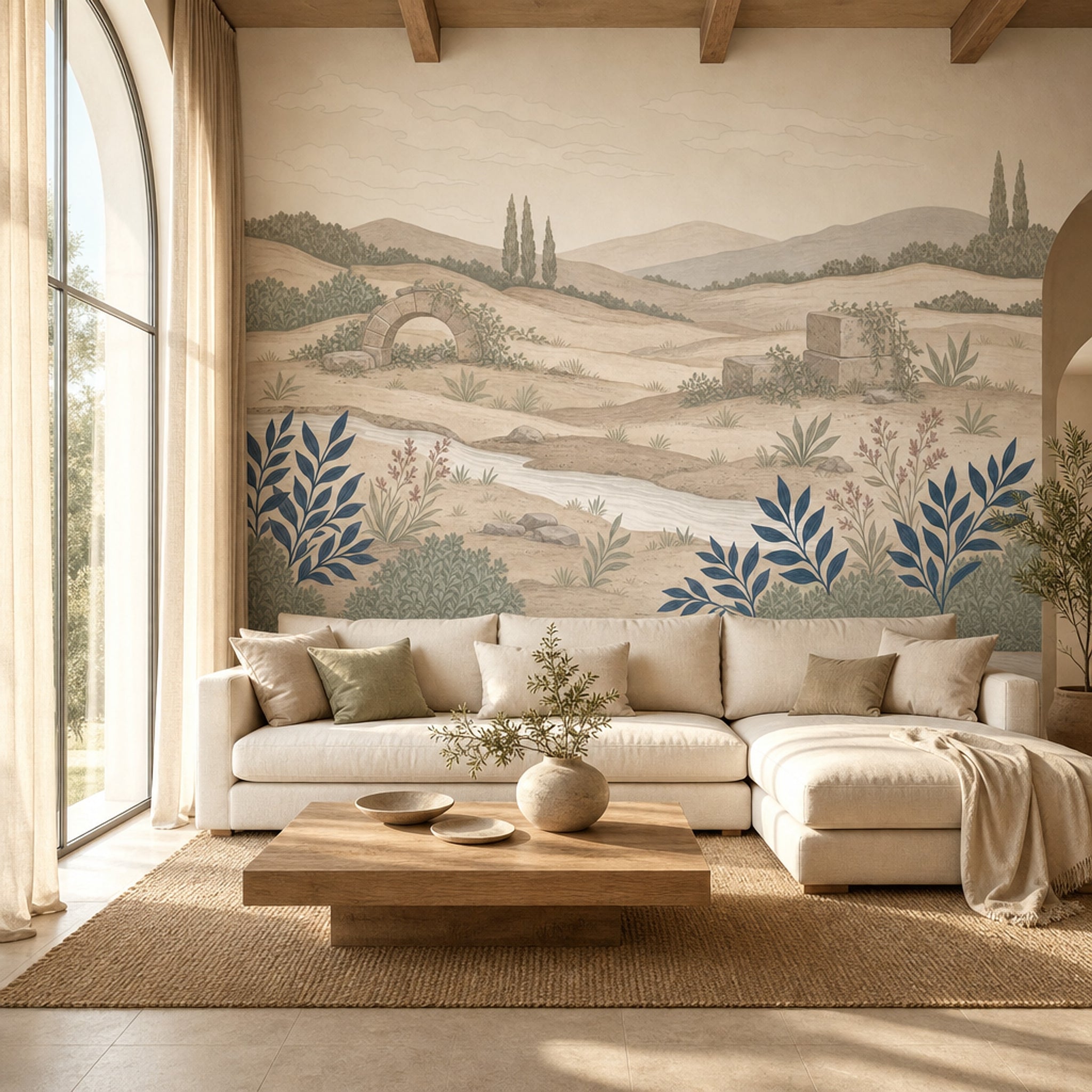 Mediterranean Countryside Wallpaper Rolling Hills Soft Vintage Mural Wall Mural