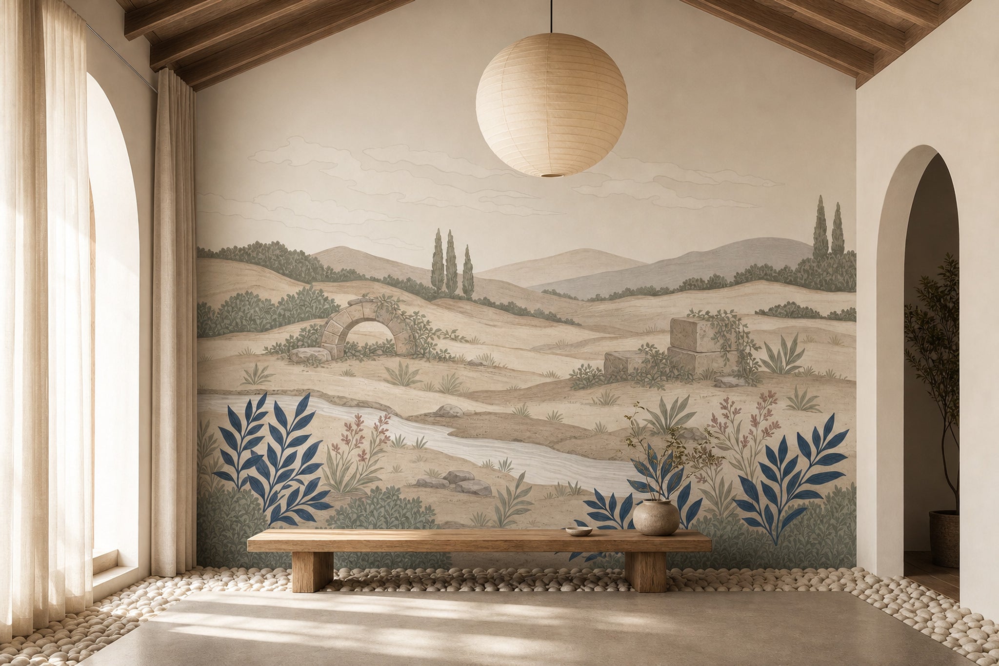 Mediterranean Countryside Wallpaper Rolling Hills Soft Vintage Mural Wall Mural