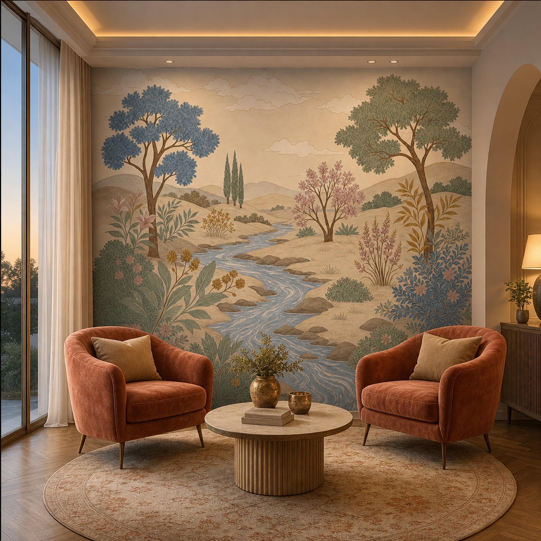 Pastoral Landscape Wallpaper Rolling Hills Winding River Removable Wall Decor