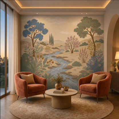 Pastoral Landscape Wallpaper Rolling Hills Winding River Removable Wall Decor