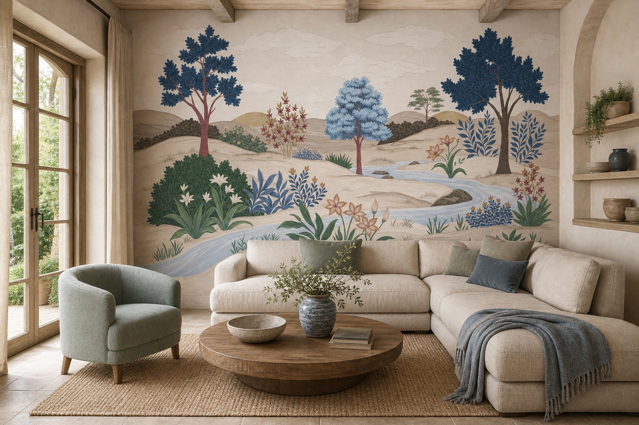Pastoral Landscape Wallpaper Winding River Removable Rolling Hills Wall Decor