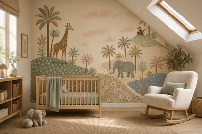 Pastel Safari Wallpaper Nursery Wallpaper Whimsical Landscape Removable Wall Decor