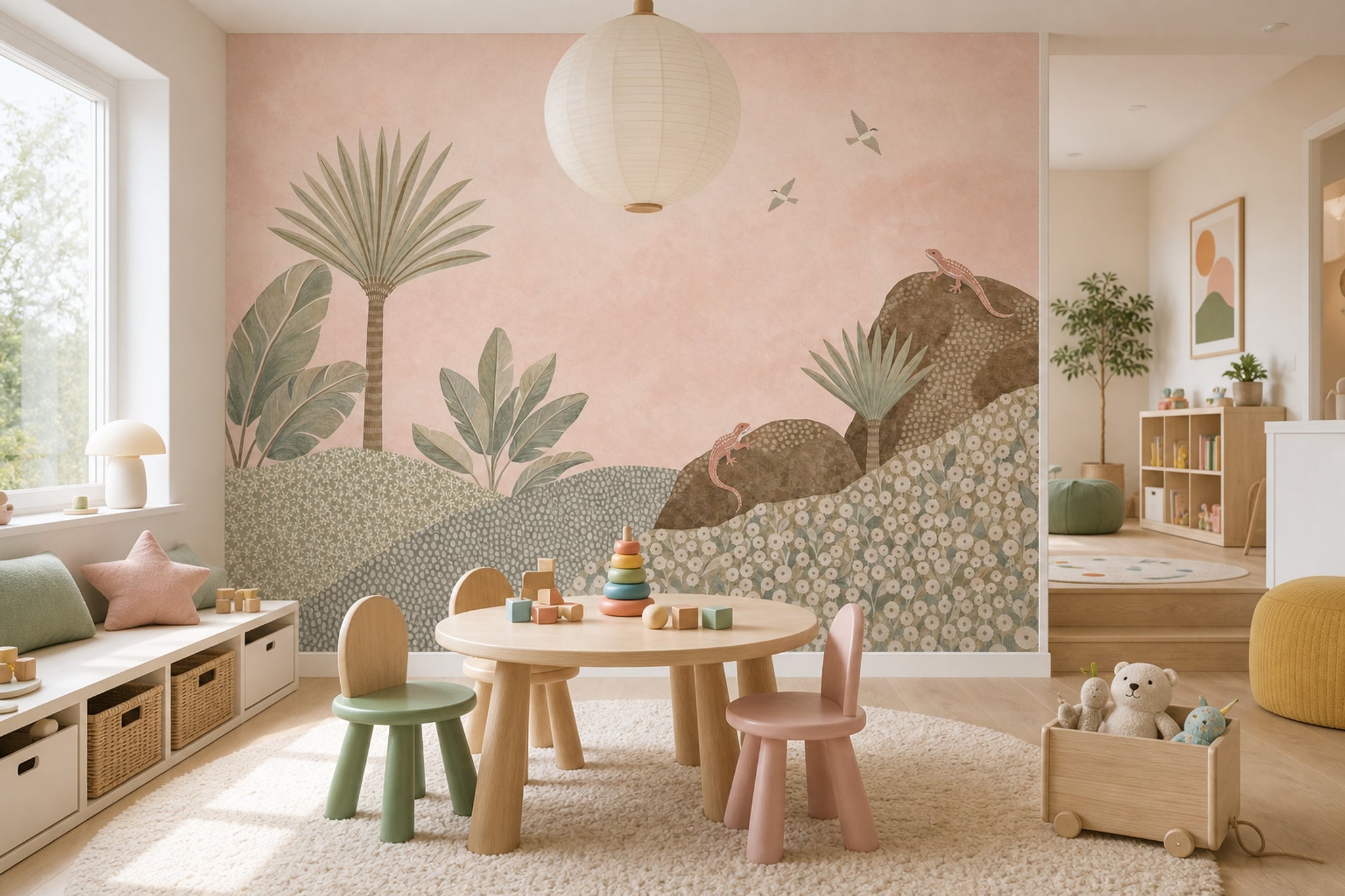 Pastel Pink Sky Wallpaper Stylized Landscape Palm Trees Wall Mural