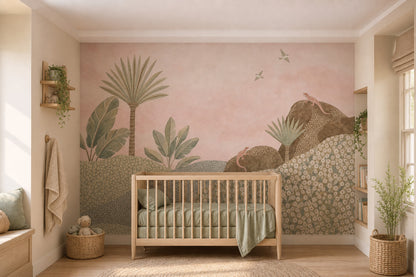 Pastel Pink Sky Wallpaper Stylized Landscape Palm Trees Wall Mural