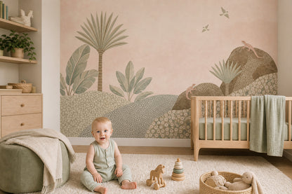 Pastel Pink Sky Wallpaper Stylized Landscape Palm Trees Wall Mural