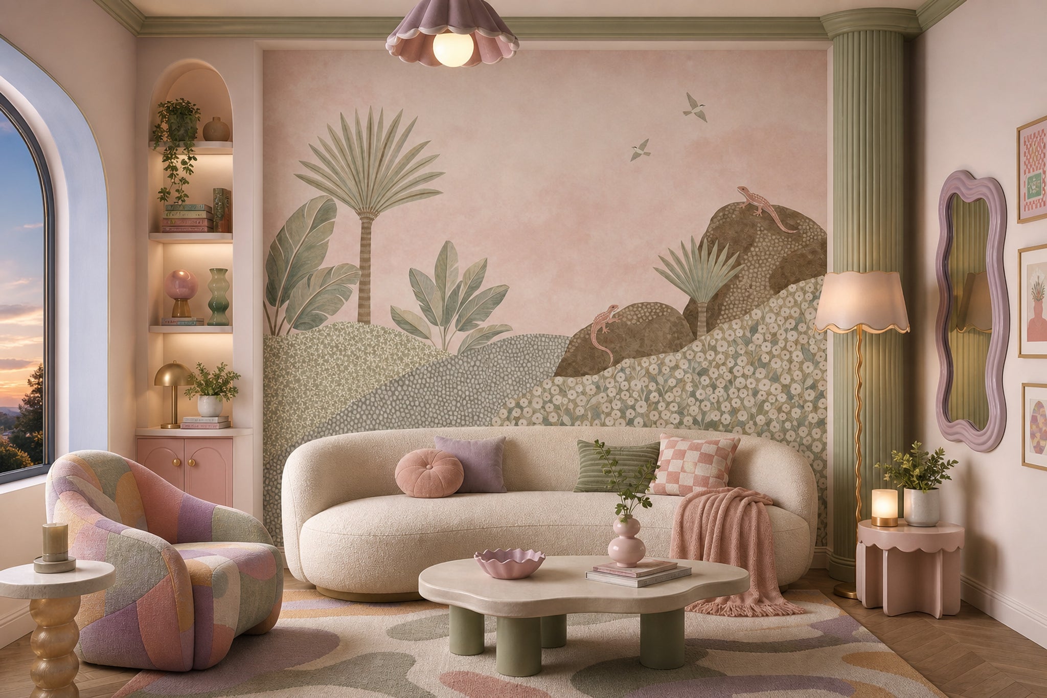 Pastel Pink Sky Wallpaper Stylized Landscape Palm Trees Wall Mural