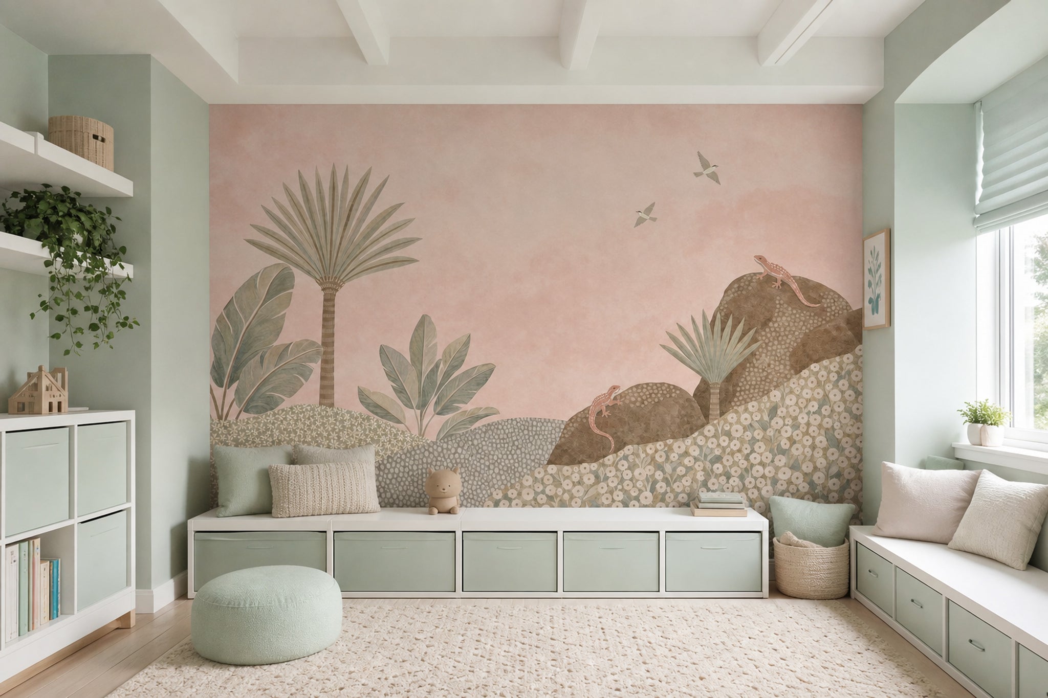 Pastel Pink Sky Wallpaper Stylized Landscape Palm Trees Wall Mural