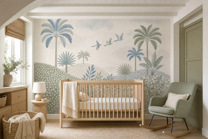 Tropical Landscape Wallpaper Palm Trees Watercolor Removable Wall Decor