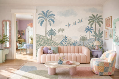 Tropical Landscape Wallpaper Palm Trees Watercolor Removable Wall Decor