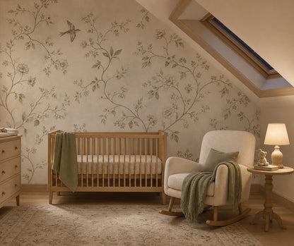Botanical Vines Wallpaper Soft Floral Bird In Flight Wall Mural