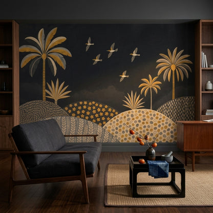 Tropical Landscape Wallpaper Palm Trees Removable Birds In Flight Wall Decor