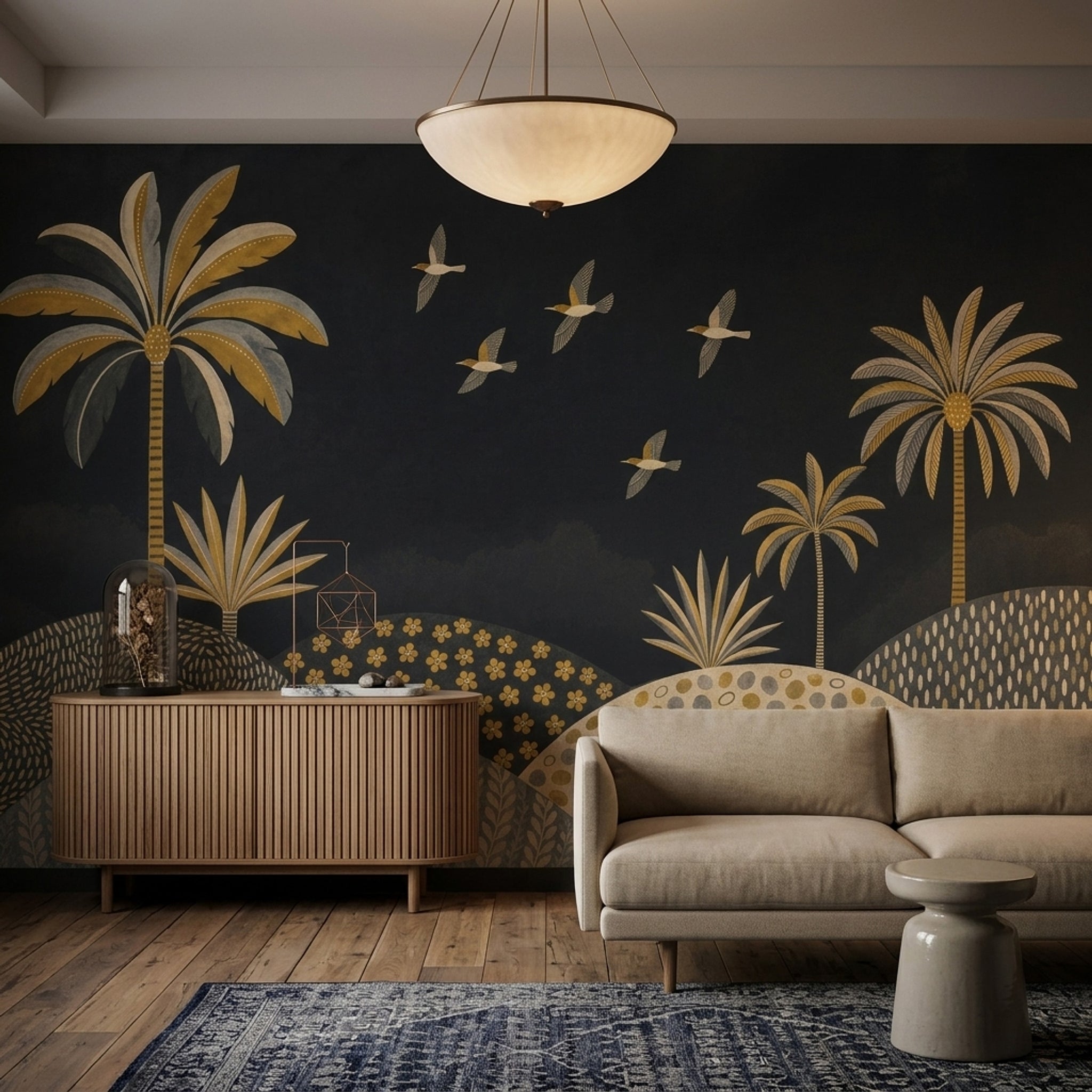 Tropical Landscape Wallpaper Palm Trees Removable Birds In Flight Wall Decor