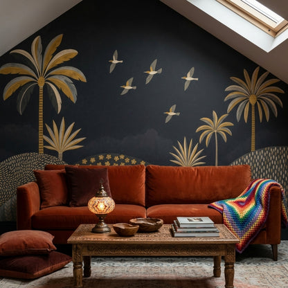 Tropical Landscape Wallpaper Palm Trees Removable Birds In Flight Wall Decor