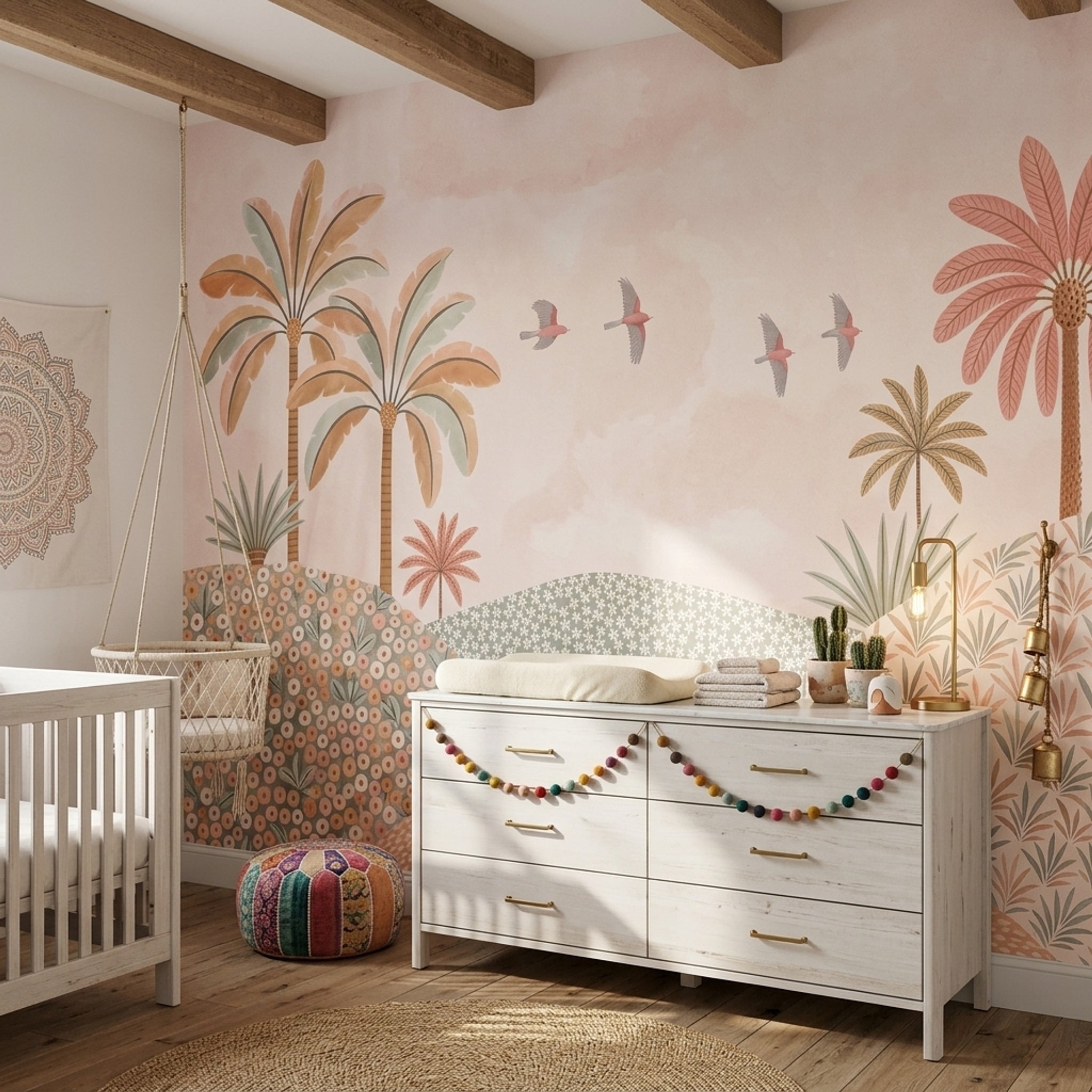 Pastel Landscape Wallpaper Tropical Palms Whimsical Mural Wall Mural