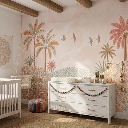 Pastel Landscape Wallpaper Tropical Palms Whimsical Mural Wall Mural