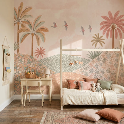 Pastel Landscape Wallpaper Tropical Palms Whimsical Mural Wall Mural