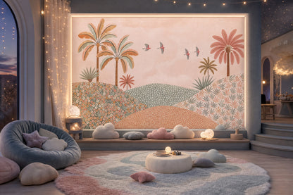Pastel Landscape Wallpaper Tropical Palms Whimsical Mural Wall Mural