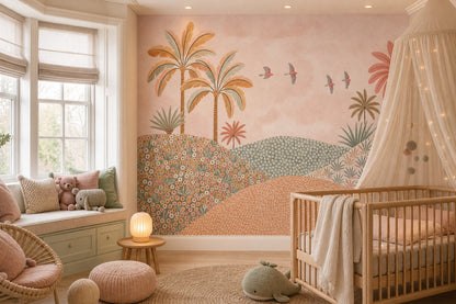Pastel Landscape Wallpaper Tropical Palms Whimsical Mural Wall Mural