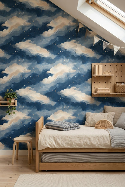 Navy Night Sky Wallpaper Gold Stars Dreamy Removable Wall Decor