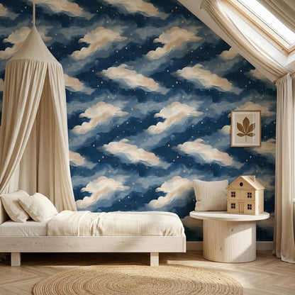 Navy Night Sky Wallpaper Gold Stars Dreamy Removable Wall Decor