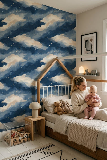 Navy Night Sky Wallpaper Gold Stars Dreamy Removable Wall Decor