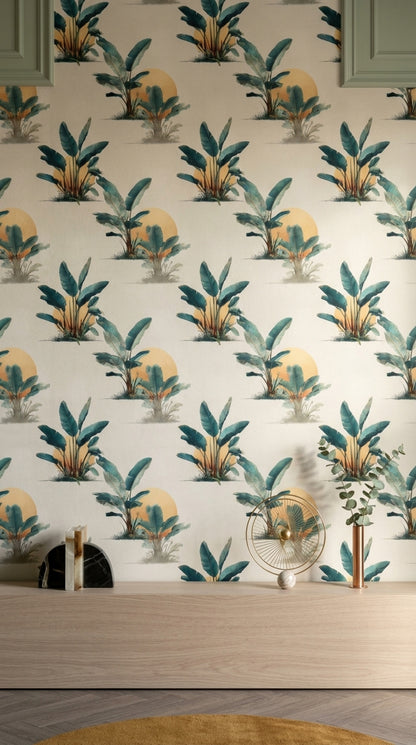 Tropical Botanical Wallpaper Banana Leaves Cream Background Decorative Mural