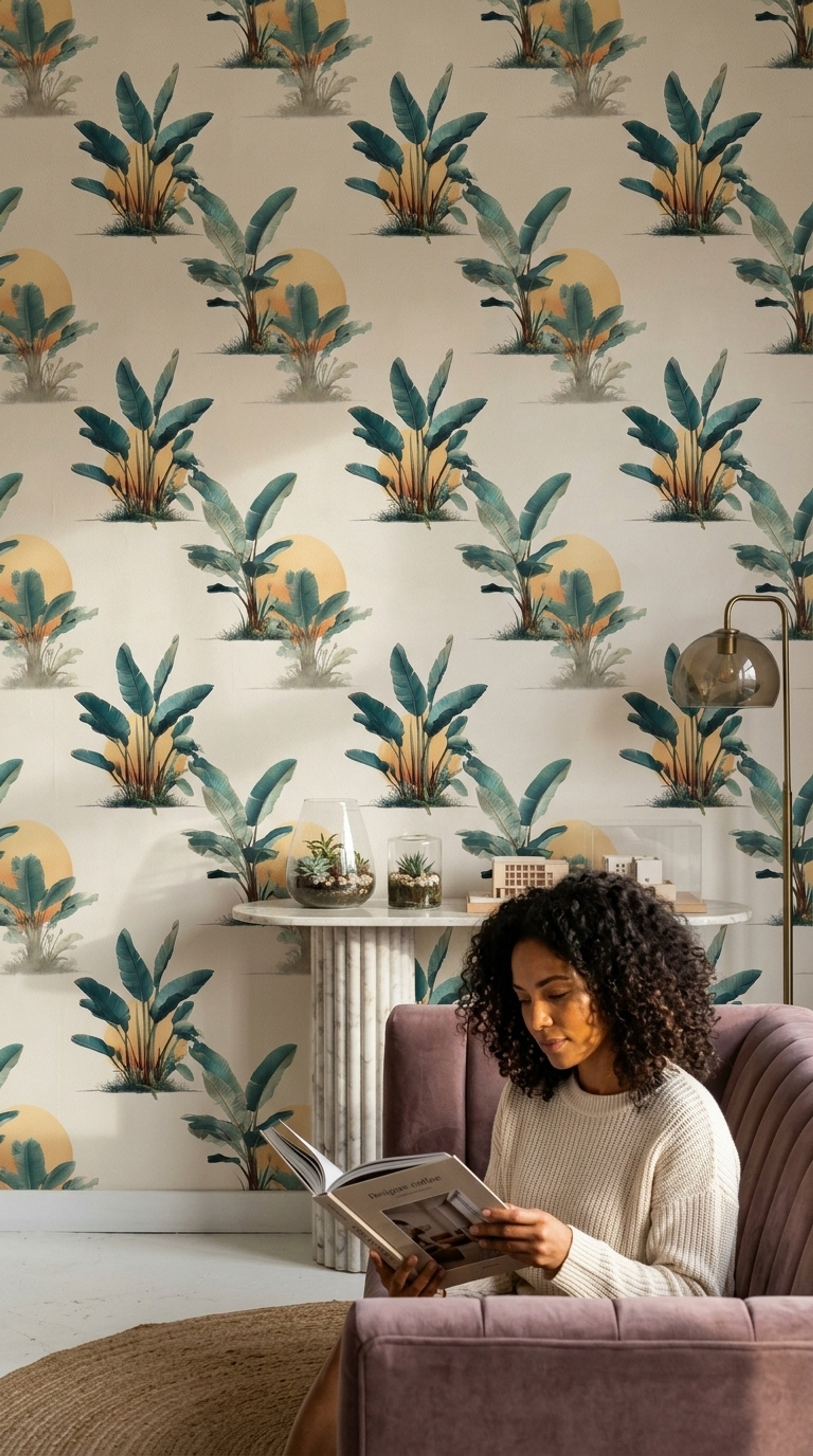 Tropical Botanical Wallpaper Banana Leaves Cream Background Decorative Mural